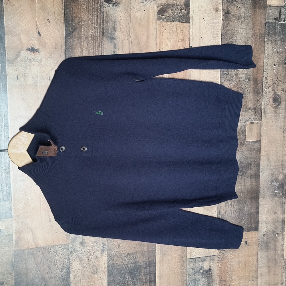 NWT Polo Ralph Lauren 100% Wool Hunter Navy Button Collar Knit Sweater Med Boys